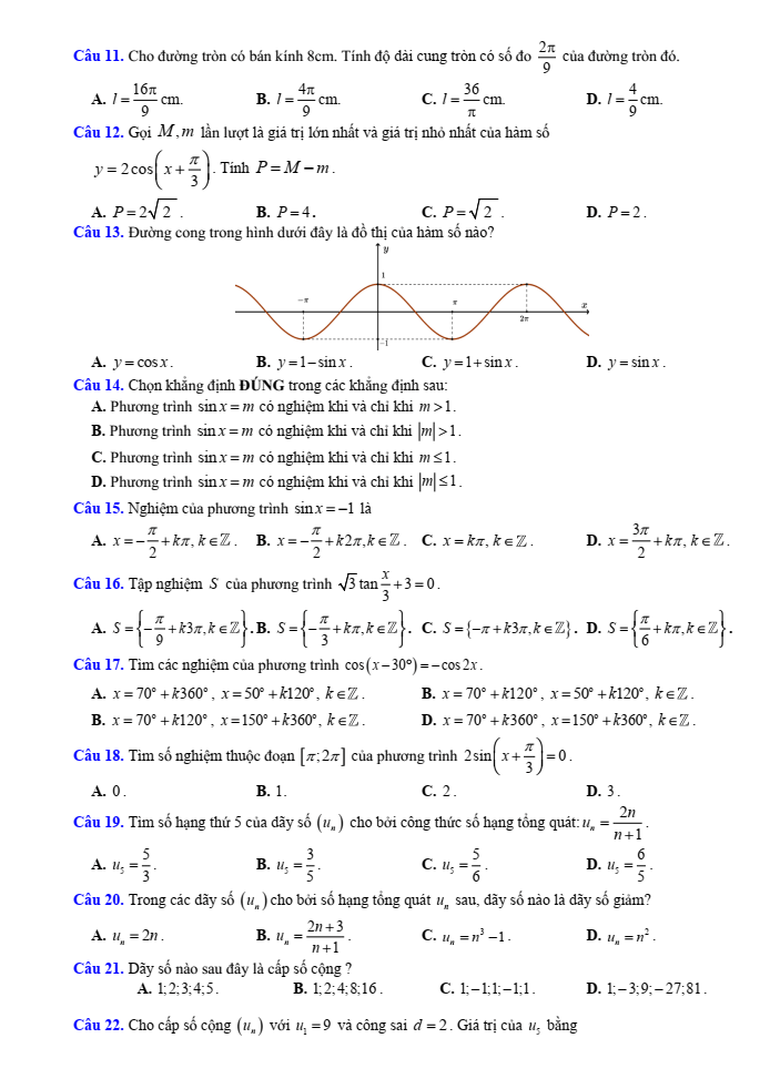 Đề cương ôn tập Giữa kì 1 Toán 11 trường THPT Hoàng Văn Thụ năm 2025-2026