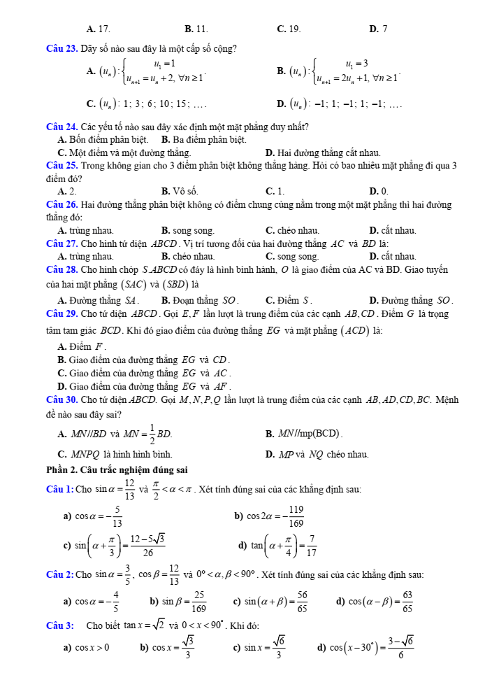 Đề cương ôn tập Giữa kì 1 Toán 11 trường THPT Hoàng Văn Thụ năm 2025-2026