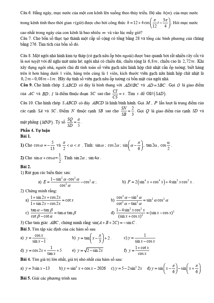 Đề cương ôn tập Giữa kì 1 Toán 11 trường THPT Hoàng Văn Thụ năm 2025-2026