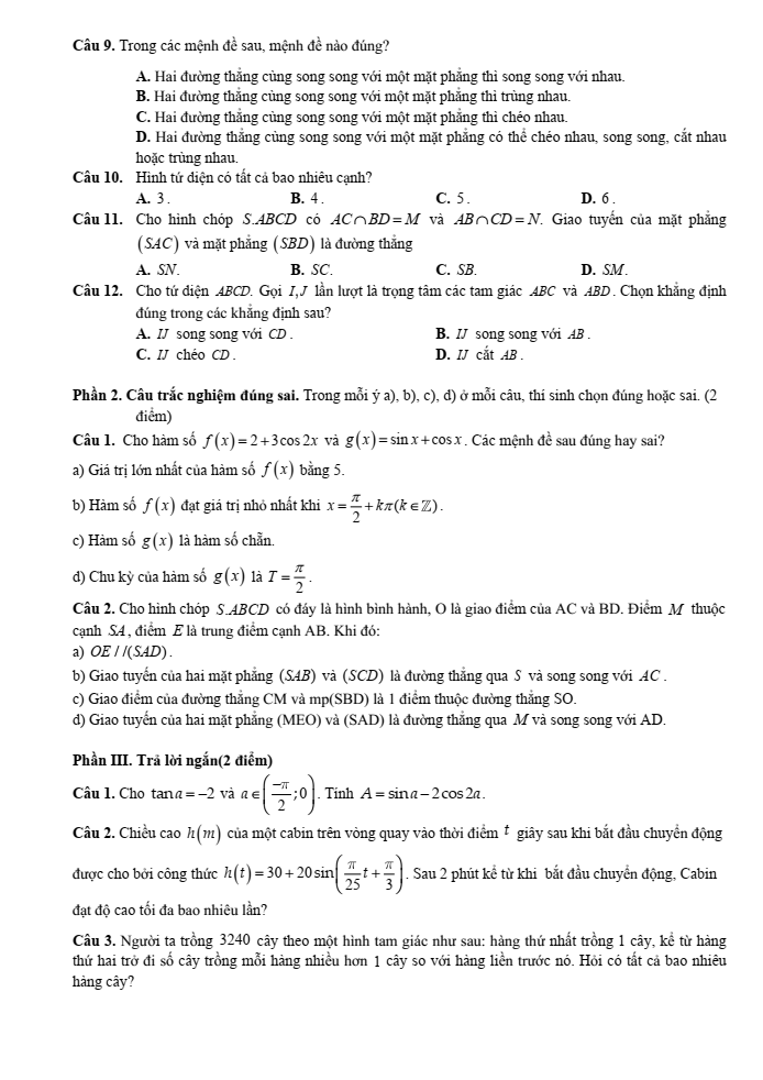 Đề cương ôn tập Giữa kì 1 Toán 11 trường THPT Hoàng Văn Thụ năm 2025-2026