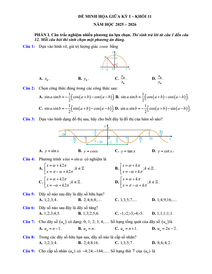 Đề cương ôn tập Giữa kì 1 Toán 11 trường THPT Hướng Hóa năm 2025-2026