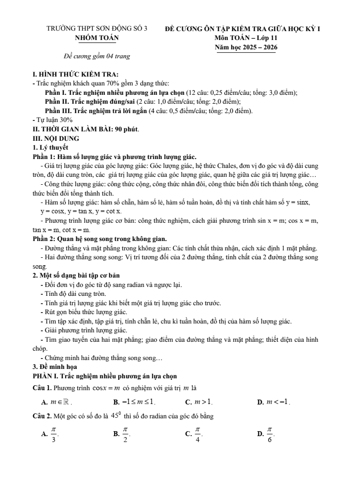 Đề cương ôn tập Giữa kì 1 Toán 11 trường THPT Sơn Động số 3 năm 2025-2026