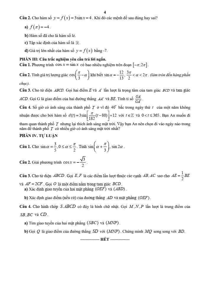 Đề cương ôn tập Giữa kì 1 Toán 11 trường THPT Sơn Động số 3 năm 2025-2026