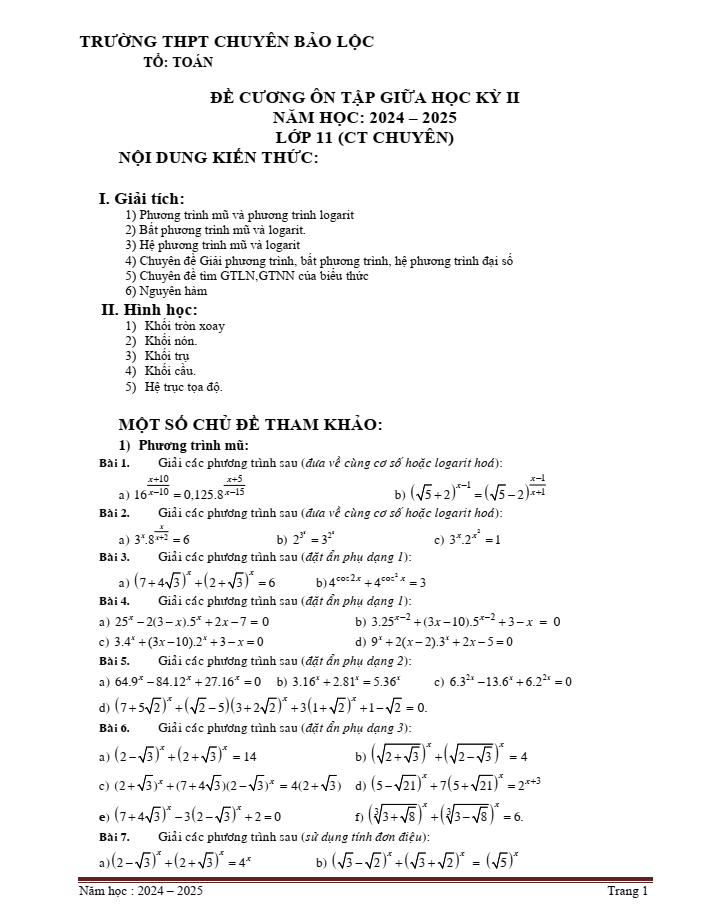 Đề cương ôn tập Giữa kì 2 Toán 11 trường THPT Chuyên Bảo Lộc năm 2024-2025
