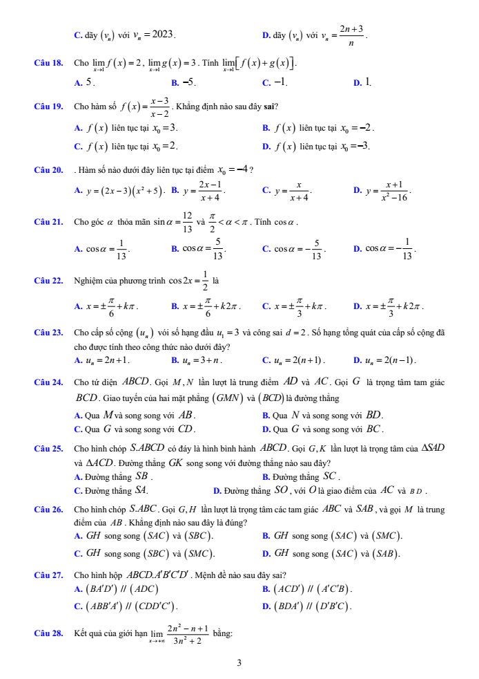 Đề cương ôn tập Học kì 1 Toán 11 trường THPT Nguyễn Bỉnh Khiêm năm 2024-2025