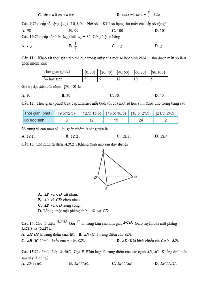 Đề cương ôn tập Học kì 1 Toán 11 trường THPT Thanh Khê năm 2024-2025