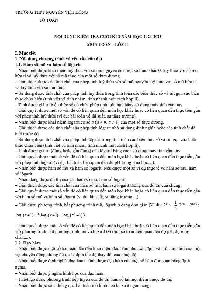 Đề cương ôn tập Học kì 2 Toán 11 trường THPT Nguyễn Việt Hồng năm 2024-2025