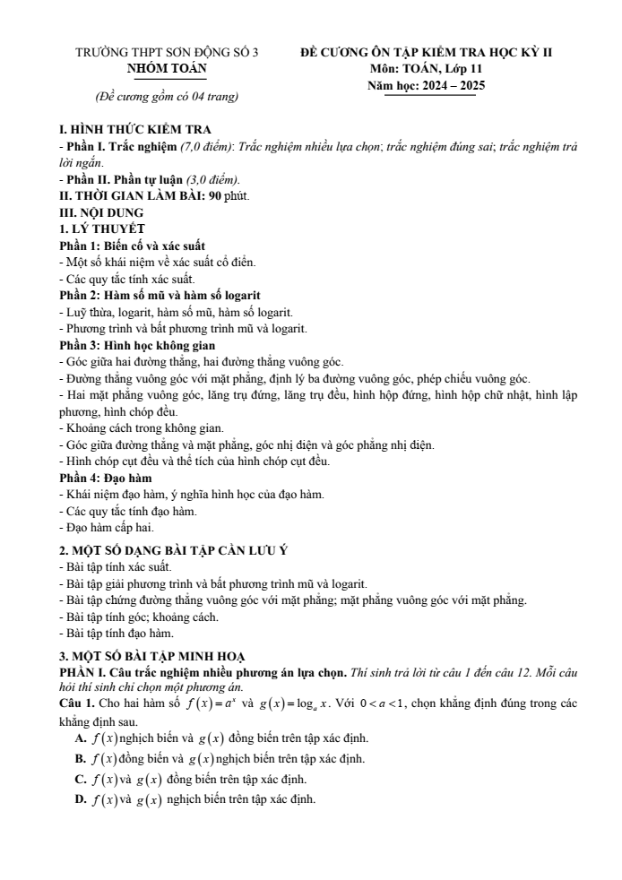 Đề cương ôn tập Học kì 2 Toán 11 trường THPT Sơn Động số 3 năm 2024-2025