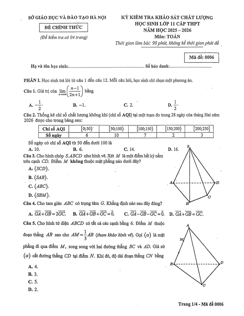 Đề khảo sát Toán 11 Hà Nội năm 2026