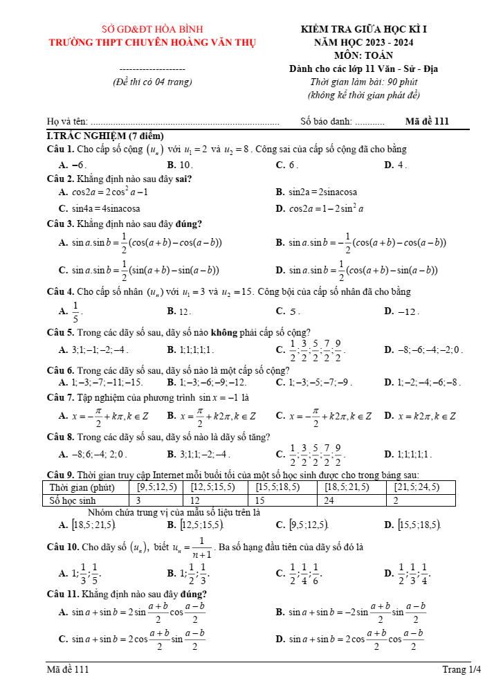 Đề thi Giữa kì 1 Toán 11 năm 2023-2024 trường chuyên Hoàng Văn Thụ –(Hòa Bình)