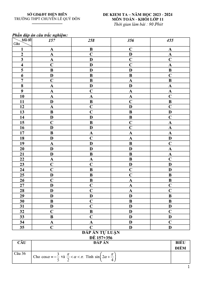 Đề thi Giữa kì 1 Toán 11 năm 2023-2024 trường chuyên Lê Quý Đôn ( Điện Biên)