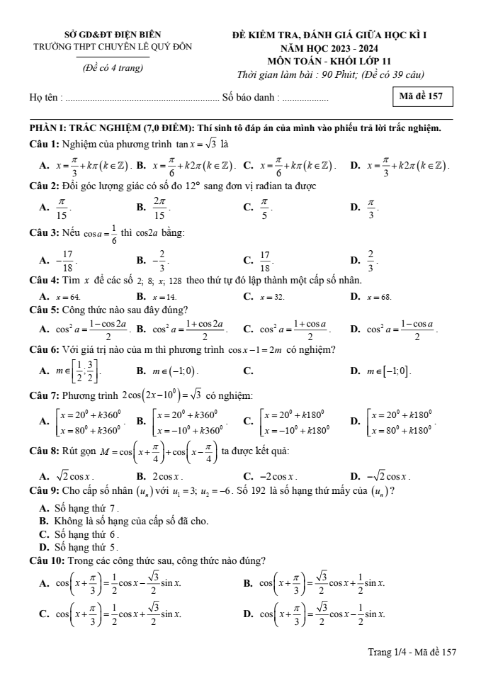 Đề thi Giữa kì 1 Toán 11 năm 2023-2024 trường chuyên Lê Quý Đôn ( Điện Biên)