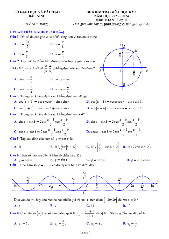 Đề thi Giữa kì 1 Toán 11 năm 2023-2024 sở GD&ĐT Bắc Ninh