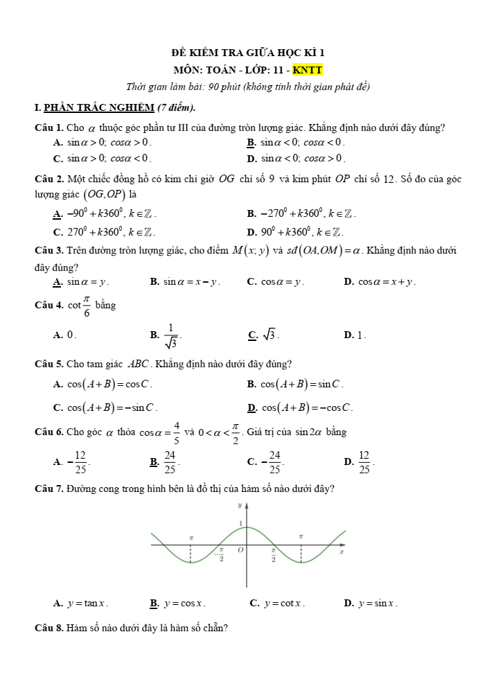 Đề thi Giữa kì 1 Toán 11 năm 2023-2024 sở GD&ĐT Lâm Đồng