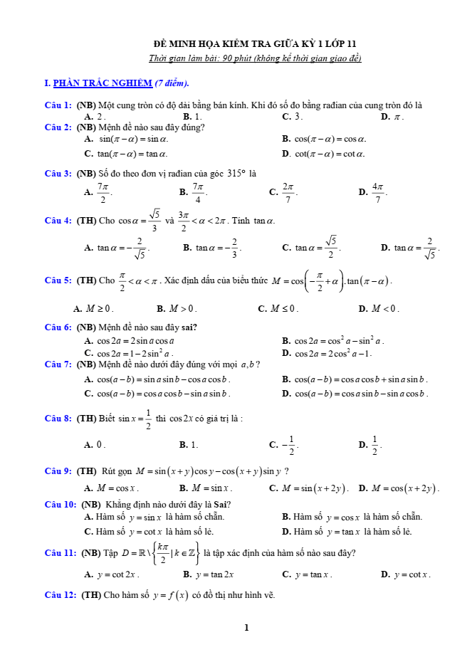 Đề thi Giữa kì 1 Toán 11 năm 2023-2024 sở GD&ĐT Quảng Ngãi