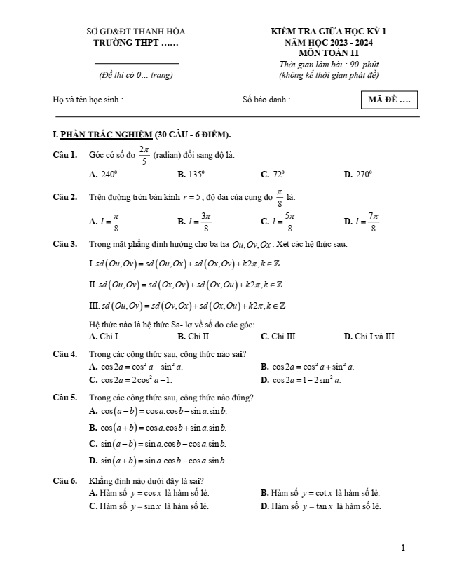 Đề thi Giữa kì 1 Toán 11 năm 2023-2024 sở GD&ĐT Thanh Hóa