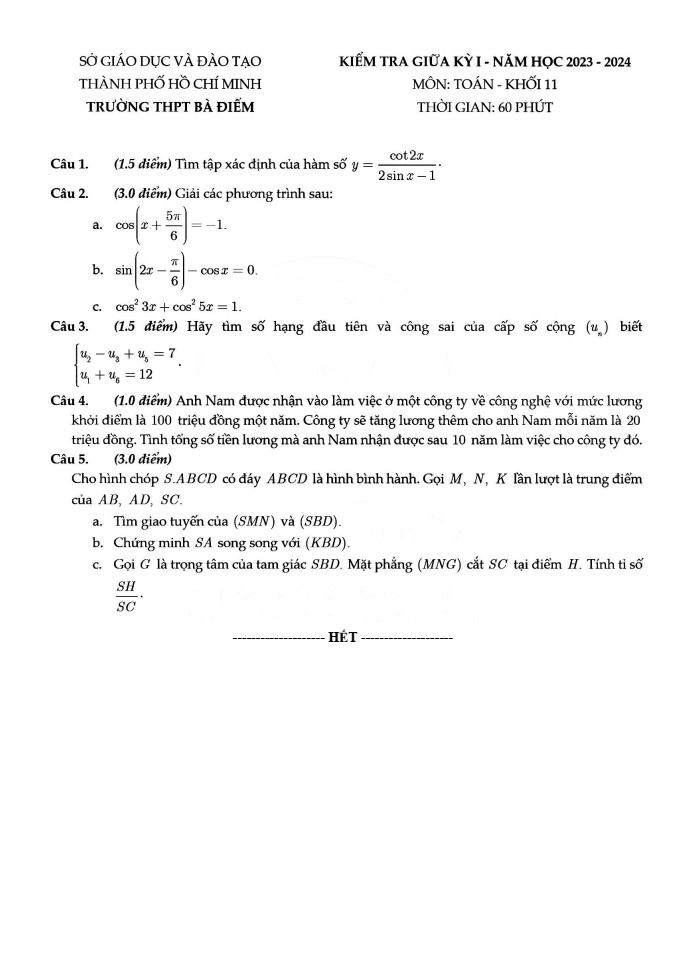 Đề thi Giữa kì 1 Toán 11 năm 2023-2024 trường THPT Bà Điểm –(TP HCM)