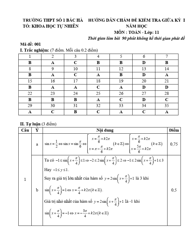 Đề thi Giữa kì 1 Toán 11 năm 2023-2024 trường THPT Bắc Hà 1 –(Lào Cai)