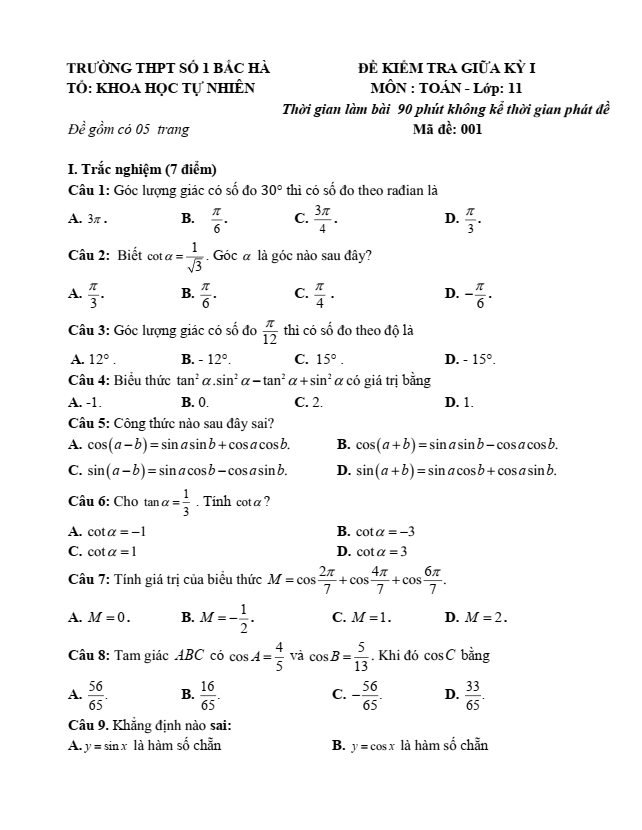 Đề thi Giữa kì 1 Toán 11 năm 2023-2024 trường THPT Bắc Hà 1 –(Lào Cai)