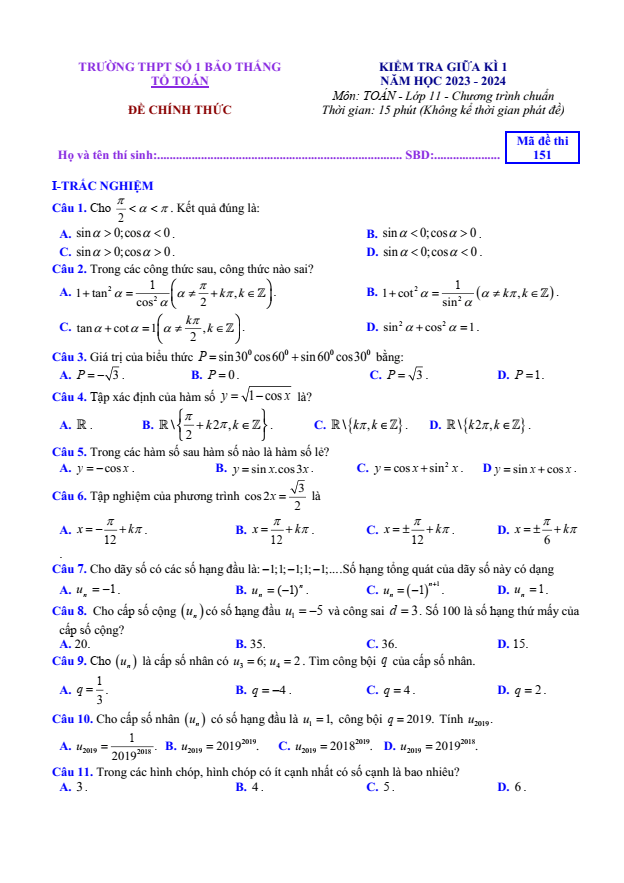 Đề thi Giữa kì 1 Toán 11 năm 2023-2024 trường THPT Bảo Thắng 1 (Lào Cai)