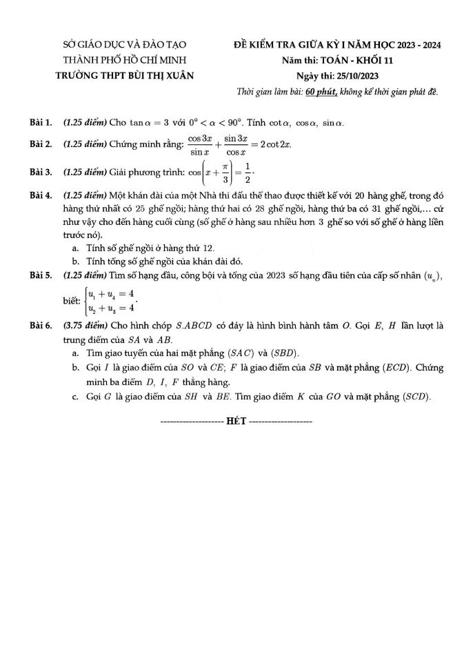 Đề thi Giữa kì 1 Toán 11 năm 2023-2024 trường THPT Bùi Thị Xuân (TP HCM)
