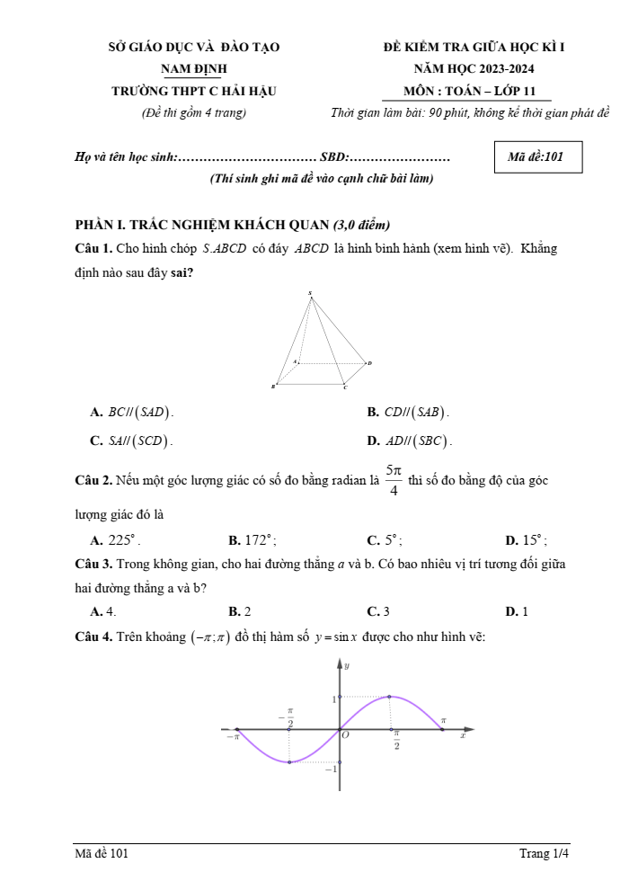 Đề thi Giữa kì 1 Toán 11 năm 2023-2024 trường THPT C Hải Hậu (Nam Định)