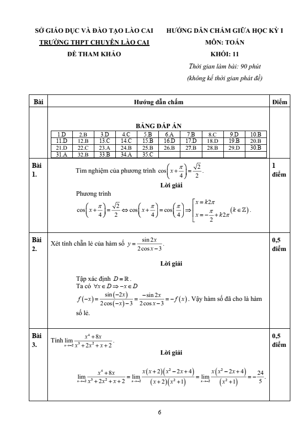 Đề thi Giữa kì 1 Toán 11 năm 2023-2024 trường THPT chuyên Lào Cai