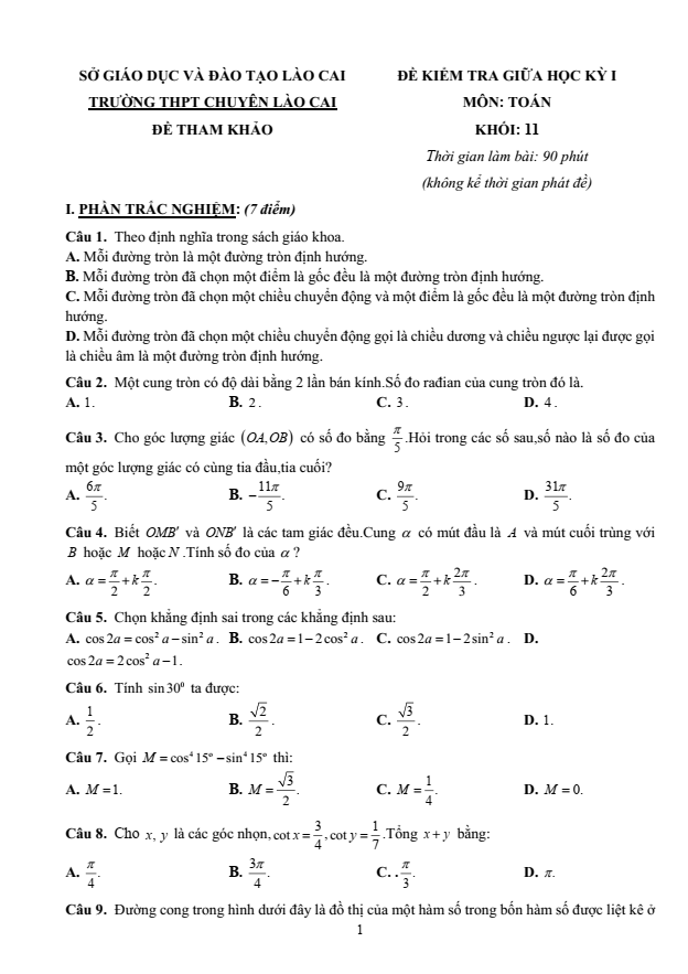 Đề thi Giữa kì 1 Toán 11 năm 2023-2024 trường THPT chuyên Lào Cai