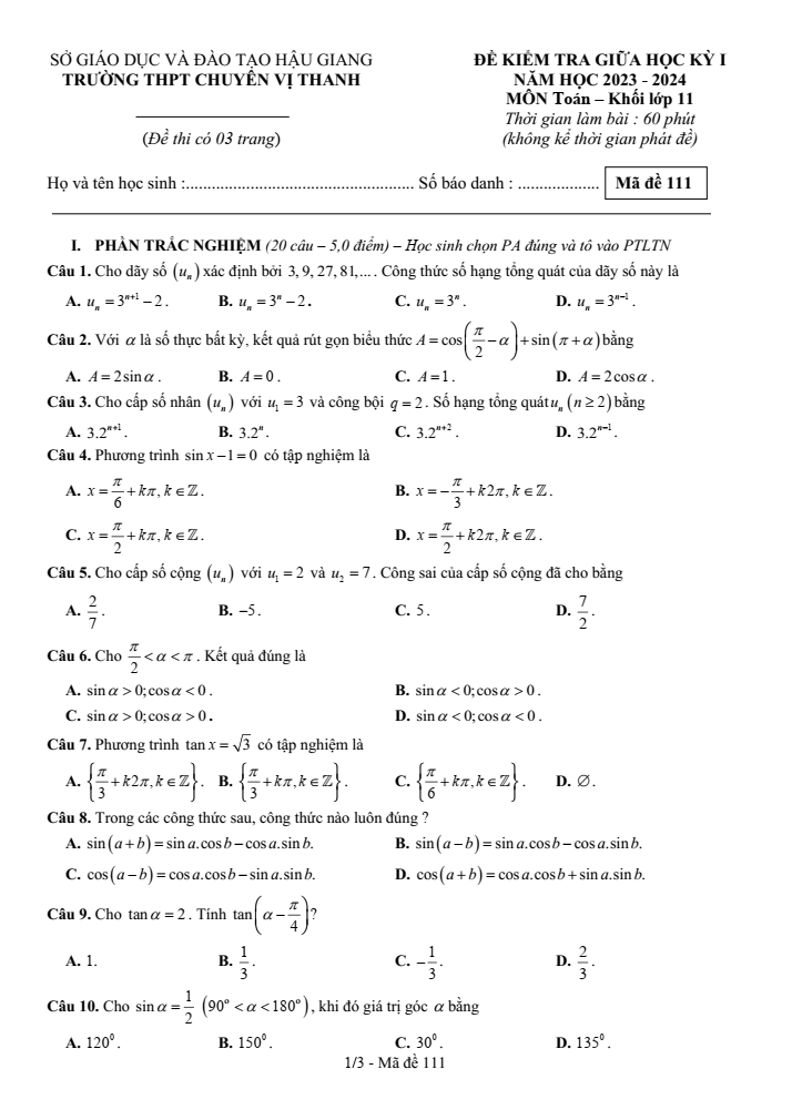 Đề thi Giữa kì 1 Toán 11 năm 2023-2024 trường THPT chuyên Vị Thanh (Hậu Giang)