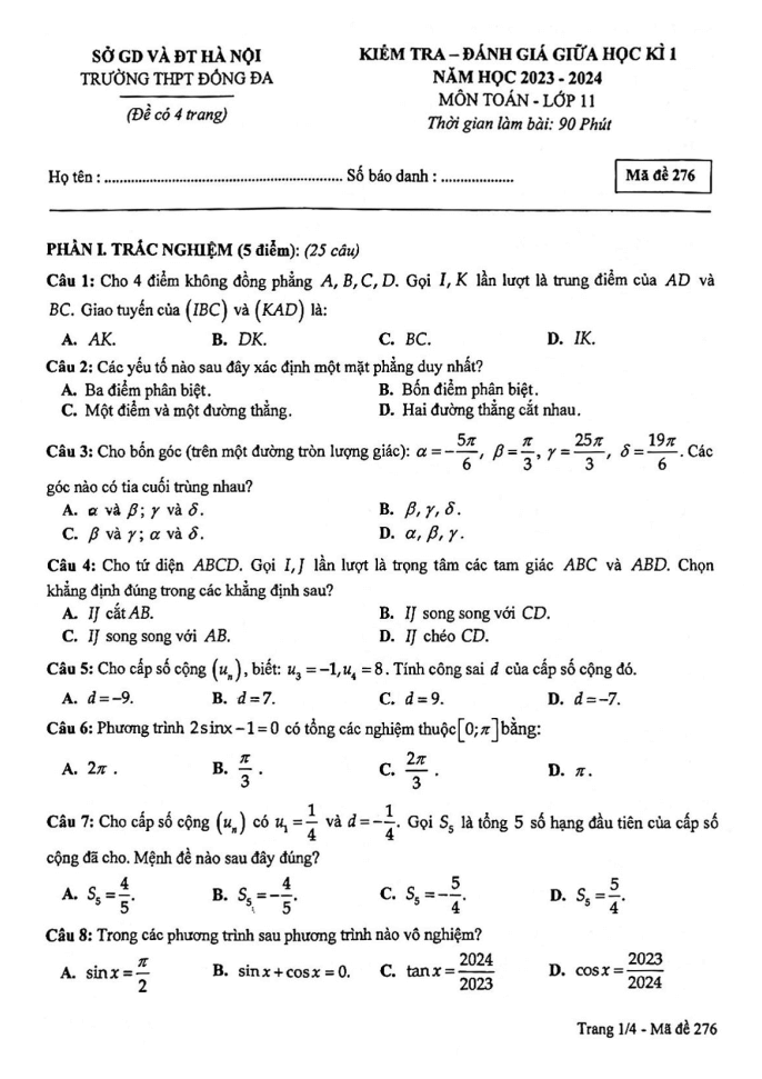 Đề thi Giữa kì 1 Toán 11 năm 2023-2024 trường THPT Đống Đa  (Hà Nội)