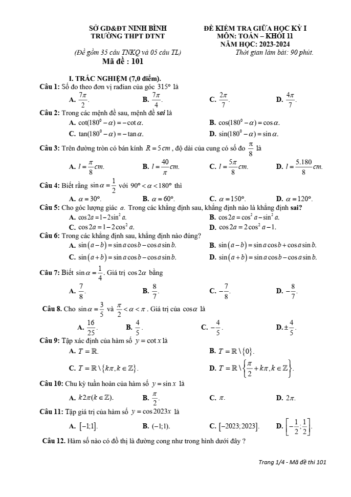 Đề thi Giữa kì 1 Toán 11 năm 2023-2024 trường THPT DTNT Ninh Bình