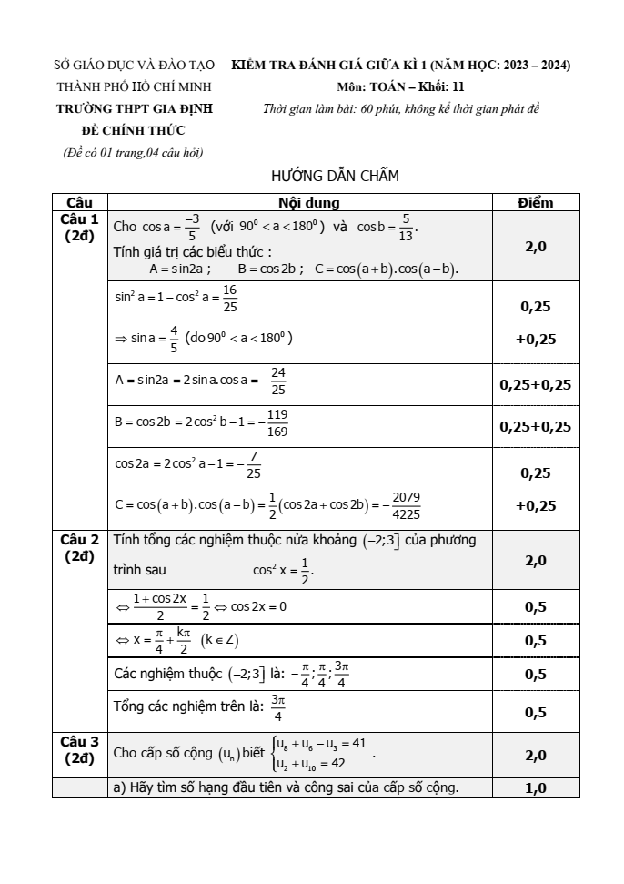 Đề thi Giữa kì 1 Toán 11 năm 2023-2024 trường THPT Gia Định (TP HCM)