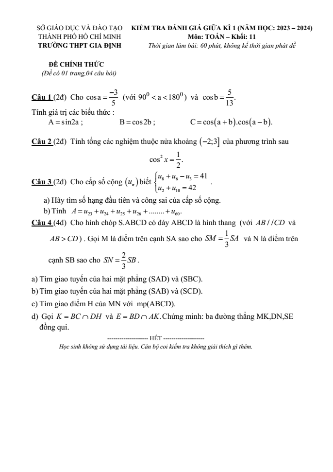 Đề thi Giữa kì 1 Toán 11 năm 2023-2024 trường THPT Gia Định (TP HCM)