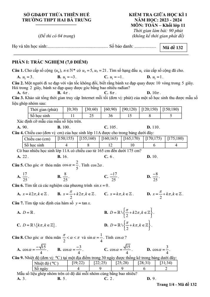 Đề thi Giữa kì 1 Toán 11 năm 2023-2024 trường THPT Hai Bà Trưng (TT Huế)