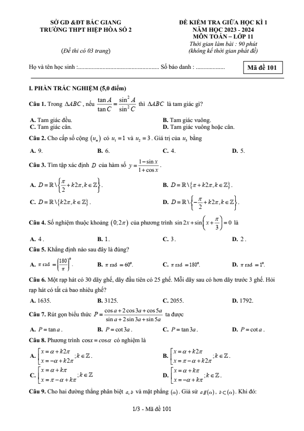 Đề thi Giữa kì 1 Toán 11 năm 2023-2024 trường THPT Hiệp Hòa 2 (Bắc Giang)
