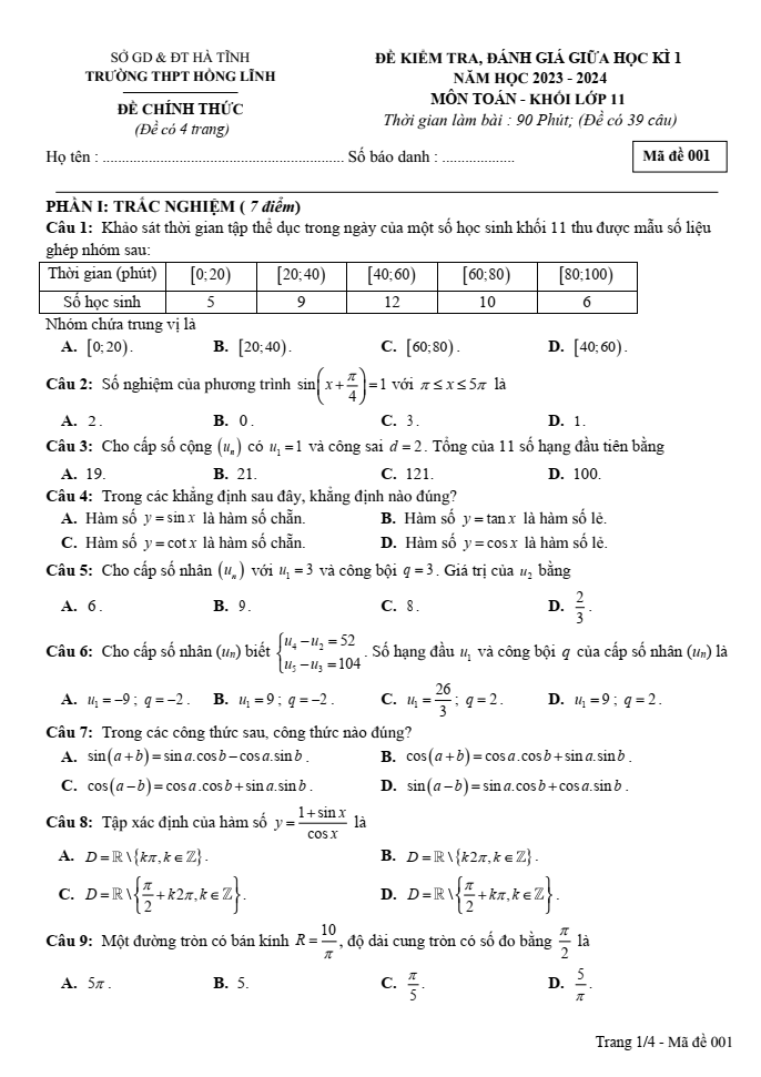Đề thi Giữa kì 1 Toán 11 năm 2023-2024 trường THPT Hồng Lĩnh (Hà Tĩnh)