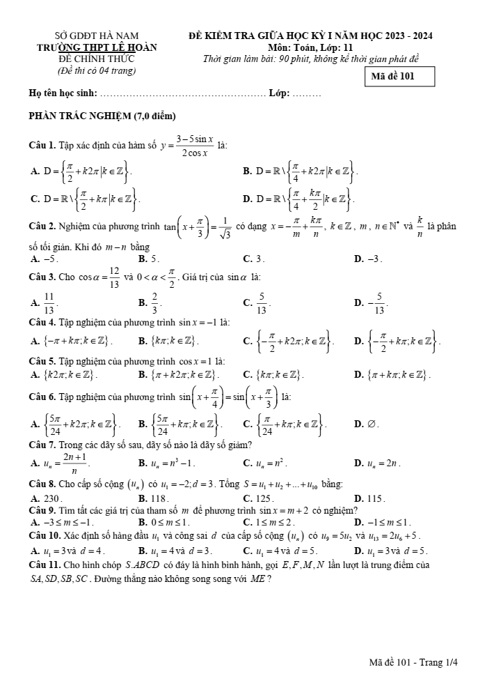 Đề thi Giữa kì 1 Toán 11 năm 2023-2024 trường THPT Lê Hoàn (Hà Nam)
