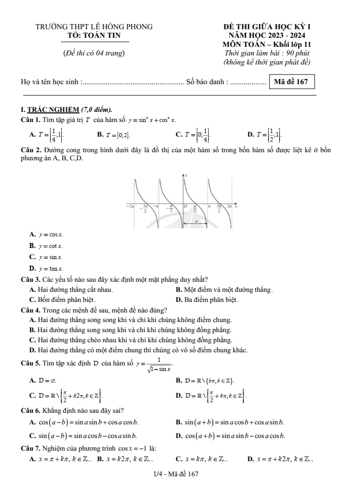 Đề thi Giữa kì 1 Toán 11 năm 2023-2024 trường THPT Lê Hồng Phong (Đắk Lắk)