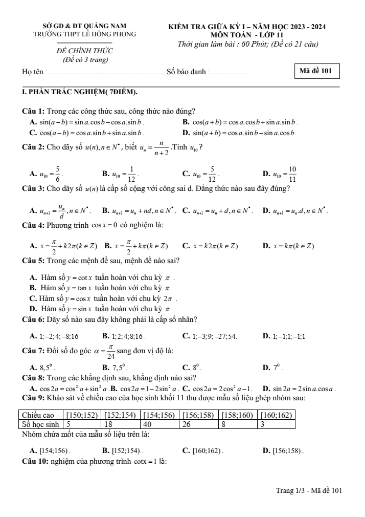 Đề thi Giữa kì 1 Toán 11 năm 2023-2024 trường THPT Lê Hồng Phong (Quảng Nam)