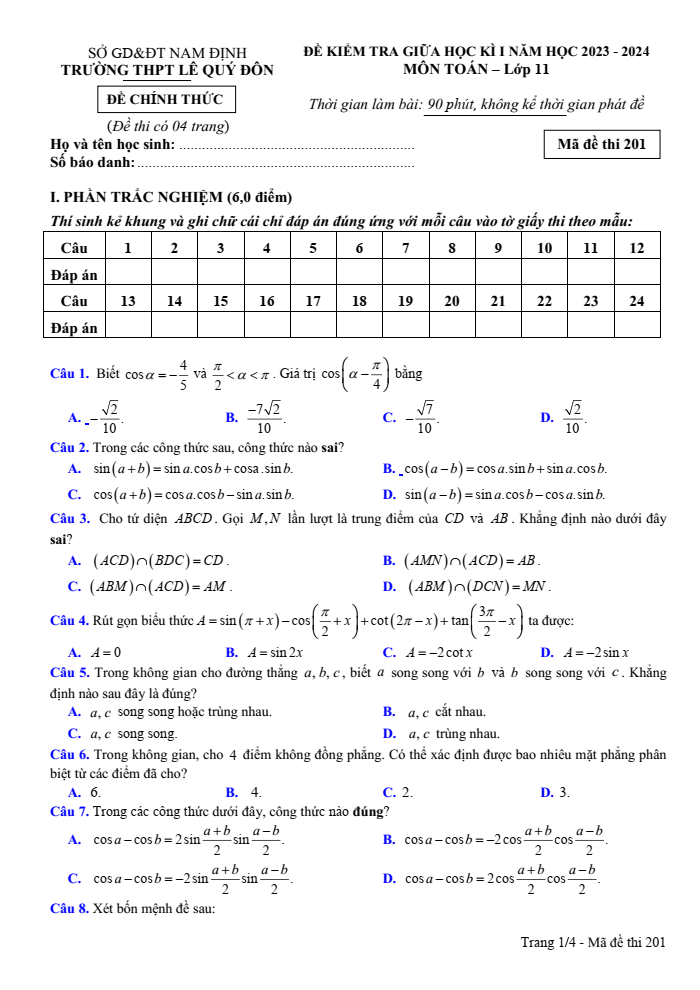 Đề thi Giữa kì 1 Toán 11 năm 2023-2024 trường THPT Lê Quý Đôn (Nam Định)
