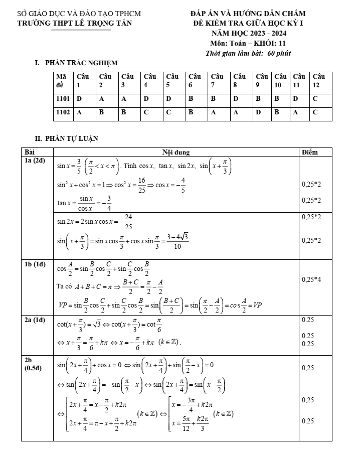 Đề thi Giữa kì 1 Toán 11 năm 2023-2024 trường THPT Lê Trọng Tấn (TP HCM)
