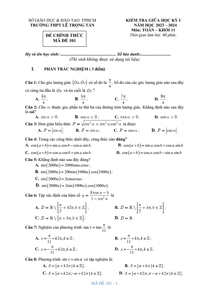 Đề thi Giữa kì 1 Toán 11 năm 2023-2024 trường THPT Lê Trọng Tấn (TP HCM)
