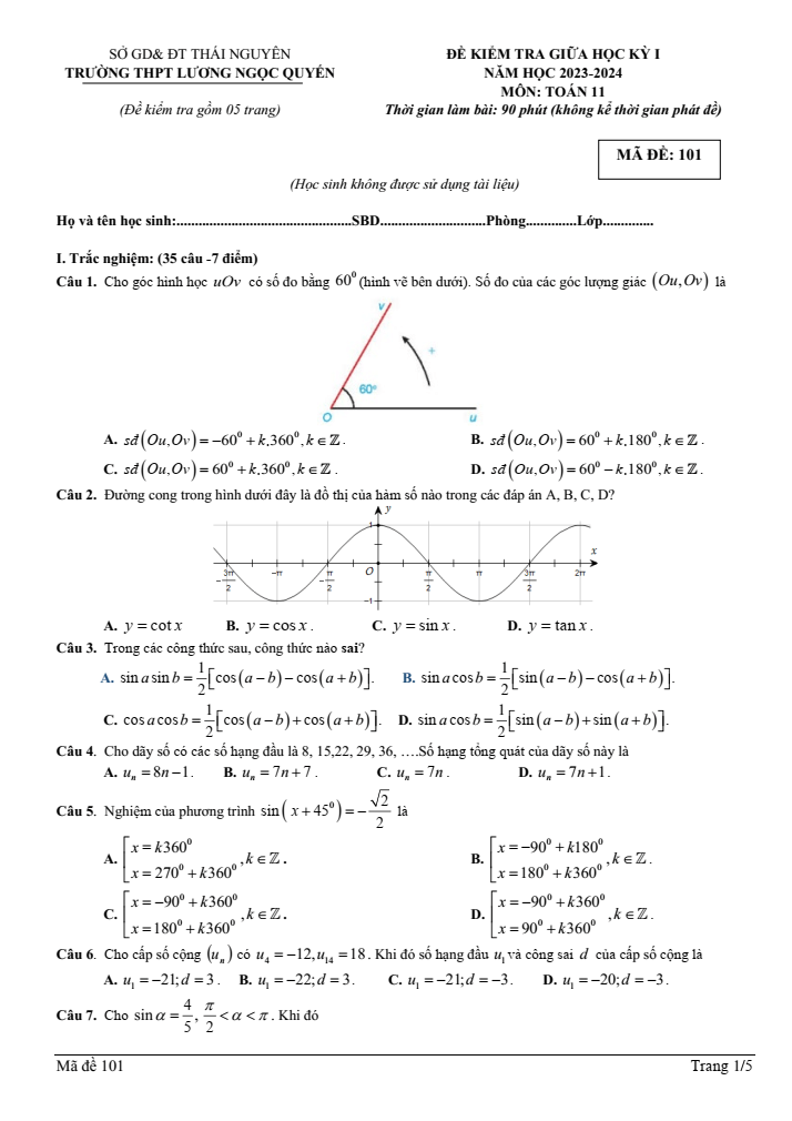 Đề thi Giữa kì 1 Toán 11 năm 2023-2024 trường THPT Lương Ngọc Quyến (Thái Nguyên)
