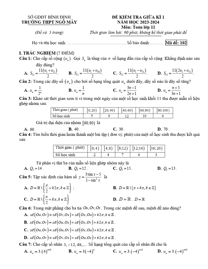 Đề thi Giữa kì 1 Toán 11 năm 2023-2024 trường THPT Ngô Mây (Bình Định)