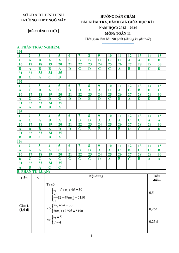 Đề thi Giữa kì 1 Toán 11 năm 2023-2024 trường THPT Ngô Mây (Bình Định)