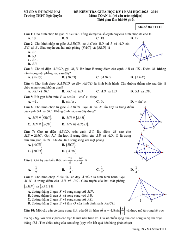Đề thi Giữa kì 1 Toán 11 năm 2023-2024 trường THPT Ngô Quyền (Đồng Nai)