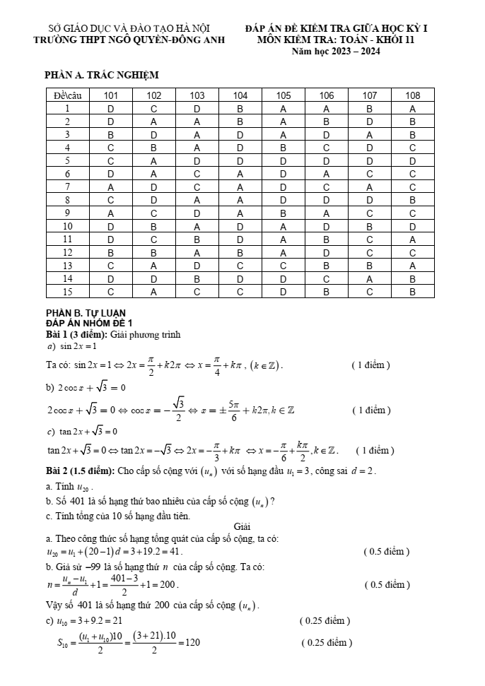 Đề thi Giữa kì 1 Toán 11 năm 2023-2024 trường THPT Ngô Quyền (Hà Nội)