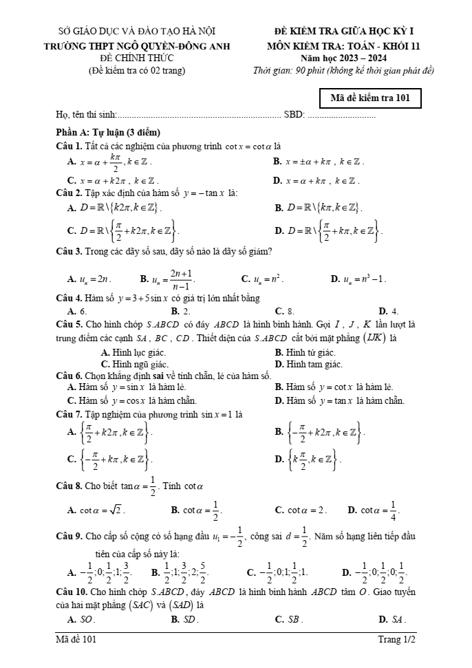 Đề thi Giữa kì 1 Toán 11 năm 2023-2024 trường THPT Ngô Quyền (Hà Nội)