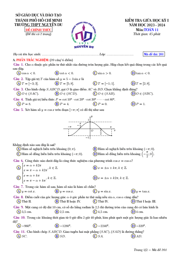 Đề thi Giữa kì 1 Toán 11 năm 2023-2024 trường THPT Nguyễn Du (TP HCM)