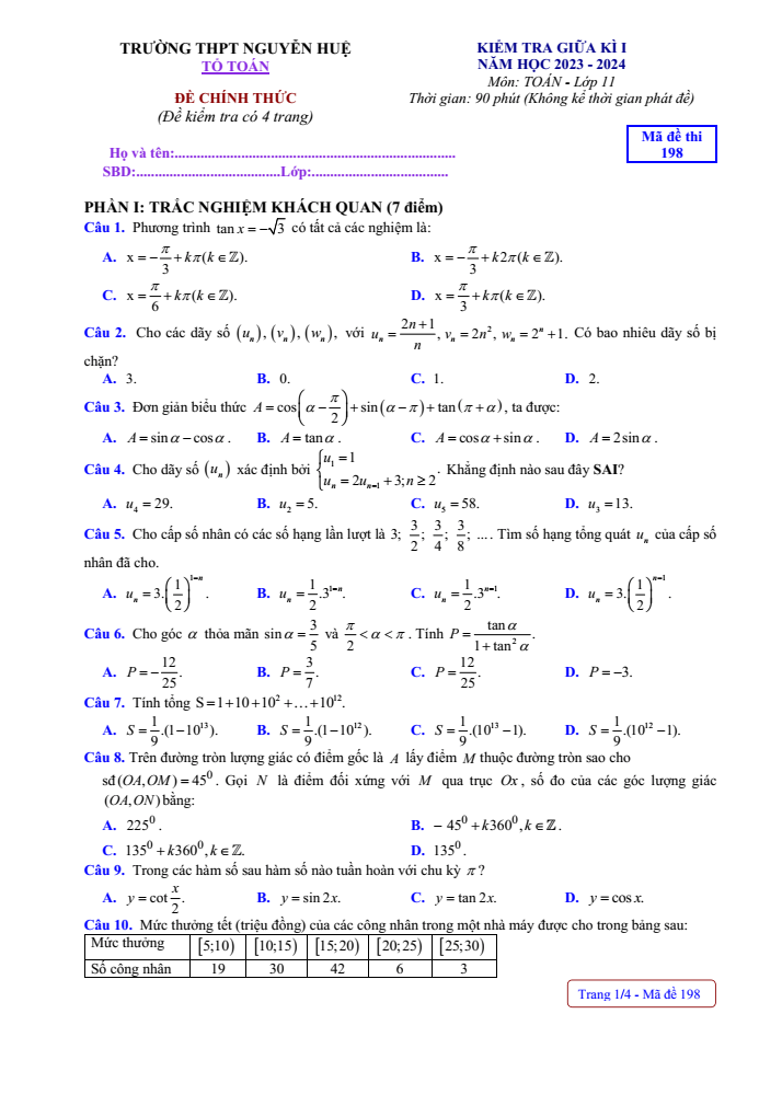 Đề thi Giữa kì 1 Toán 11 năm 2023-2024 trường THPT Nguyễn Huệ (TT Huế)